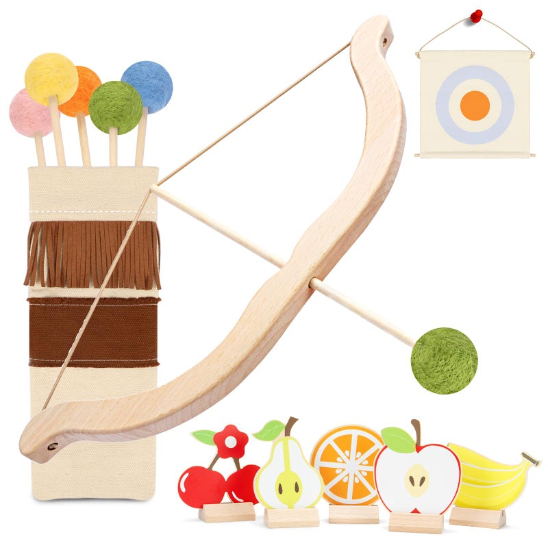 Tislly Wooden Kids Bow and Arrow Set Safe for Ages 3 Indoor Outdoor Archery Gift Toys for Children Boys Girls Includes 5 Arrows 5 Fruit Targets 1 Cotton Quiver - Image 2