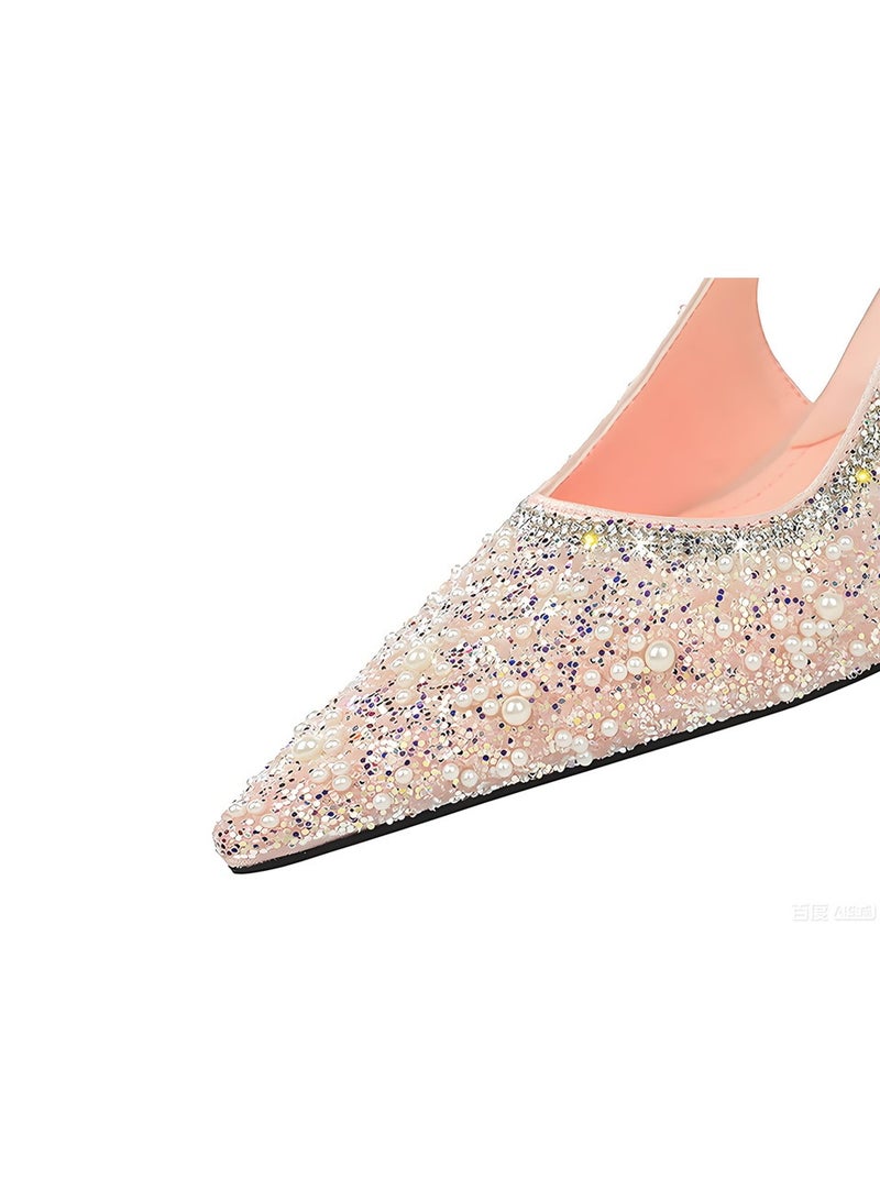 بيج تري المرأة لامعة مغلقة إصبع القدم مضخات الكعب العالي الخلفي مع حزام الكاحل لون وردي شاحب 8 سم - Image 5