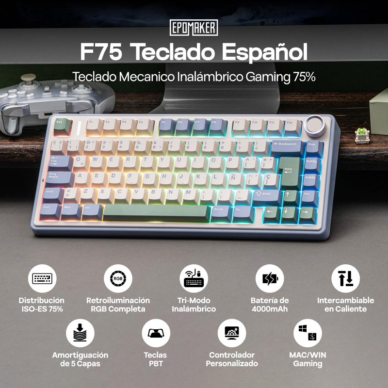 EPOMAKER لوحة مفاتيح ميكانيكية للألعاب EPOMAKER Aula F75 ISO-ES لاسلكية، تخطيط إسباني 75% مع مقبض، حشوة كريمية، تقليل الضوضاء، RGB، تبديل ساخن، BT/2.4Ghz (أخضر) - Image 2