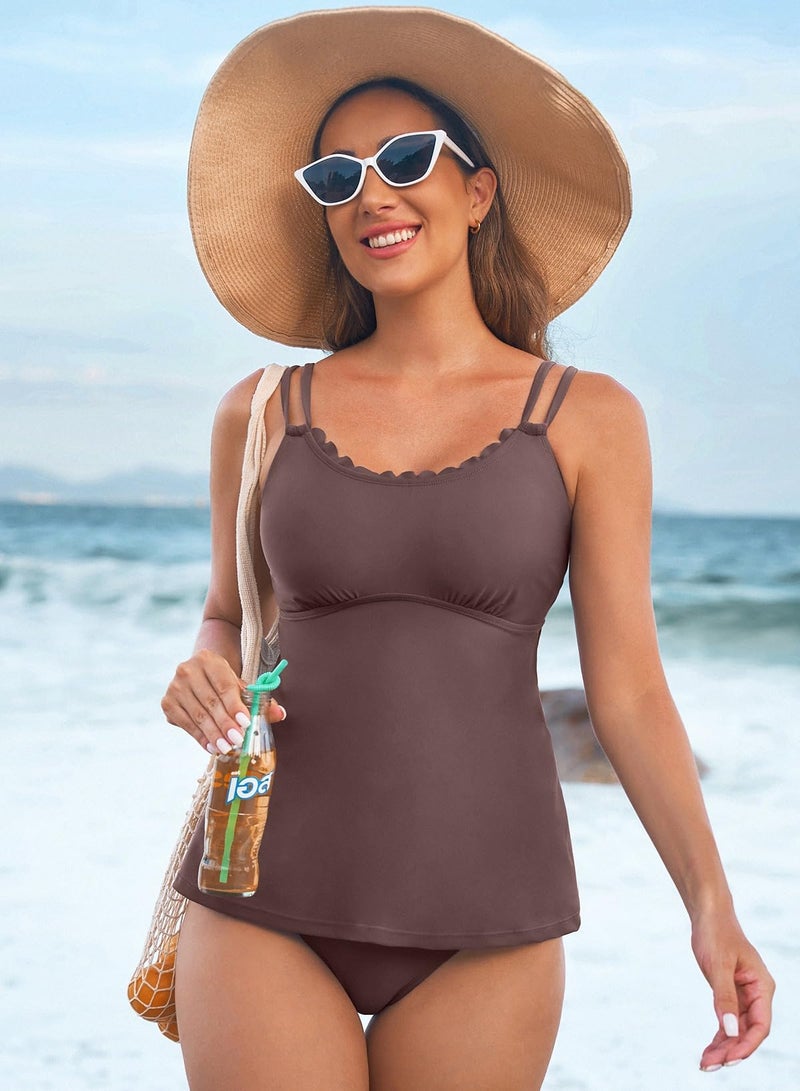 Aleumdr Tankini Swimsuits for Women Two Piece Tummy Control Bathing Suit Scallop Trim V Neck Tankini Top with Bottom Dark Brown Large - Image 2