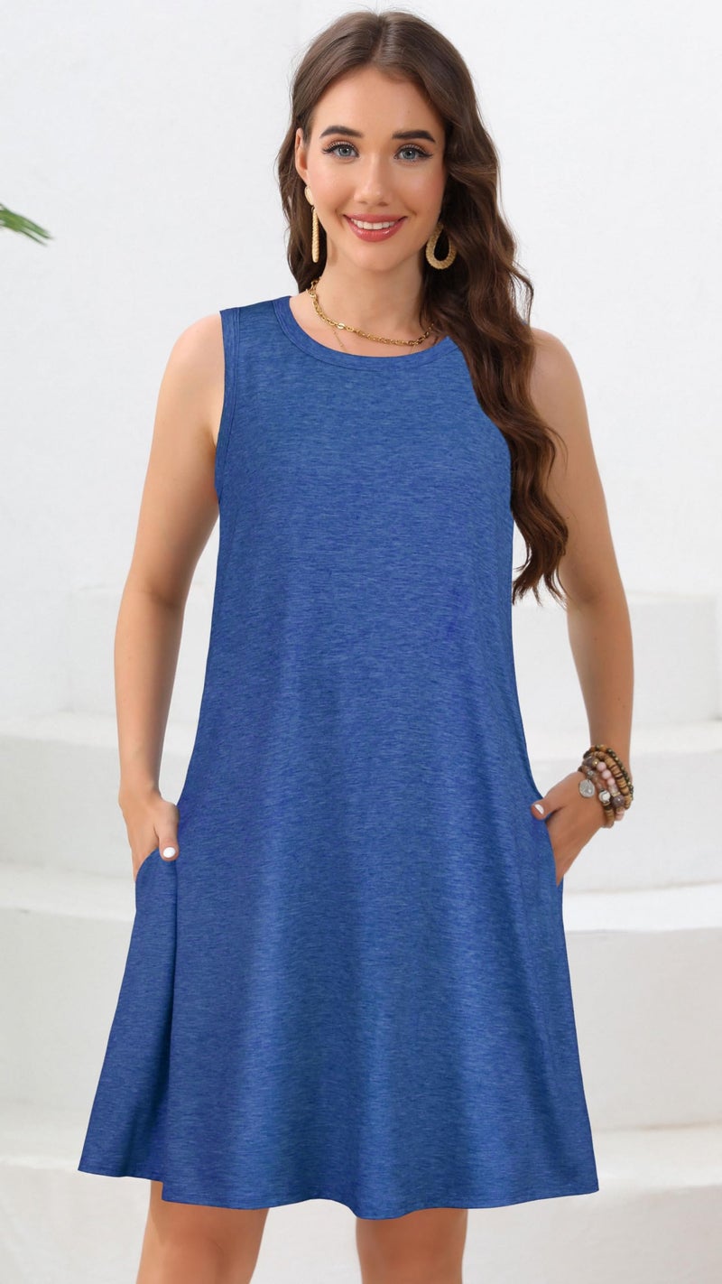 elescat Summer Dresses for Women Sleeveless Pockets Casual Tshirt Loose Fit Swing Sundress(Medium Blue, L) - Image 2