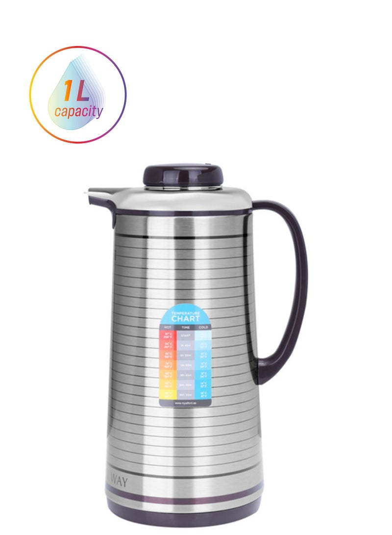 Royalford Vacuum Flask Double Wall 1000Ml 24 Hours Cold Multicolor Silver/Dark Brown - Image 1