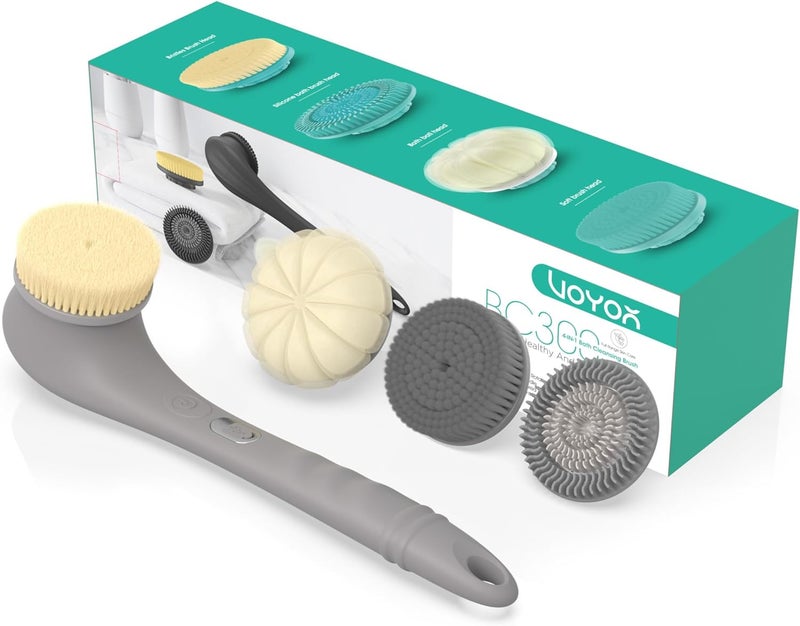 VOYOR Electric Body Scrubber TwoWay Rotating Brush Head 4 Accessories IPX6 Waterproof Rechargeable Cordless Long Handle Bath Brush BC300 Grey
