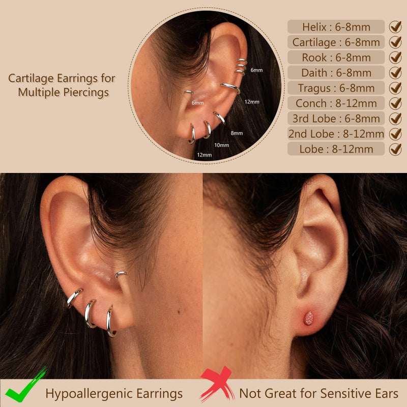 MILACOLATO 4 Pairs 925 Sterling Silver Earrings for Women, Sterling Silver Filled Small Huggie Hoop Earrings Sets for Multiple Piercing Hypoallergenic Jewelry, Cartilage Earrings Stacks - Image 4