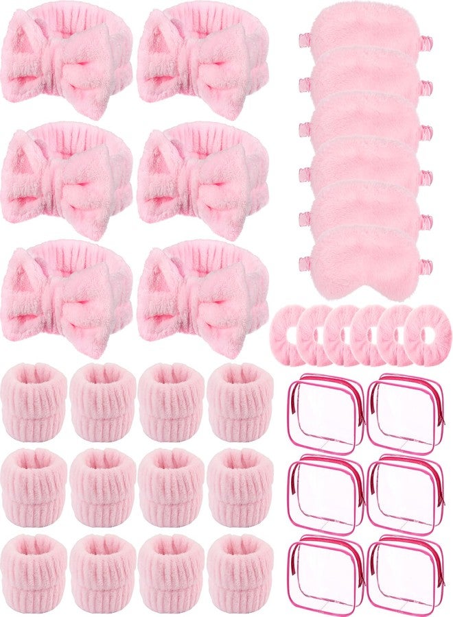 Hoteam 30 Pieces Sleepover Party Supplies 6 Pink Spa Headband 6 Pink Plush Sleep Eye Mask 6 Velvet Scrunchies 6 Wristband 6 Clear Cosmetic Bags for Slumber Spa Party Favor Gift Skincare Makeup - Image 1