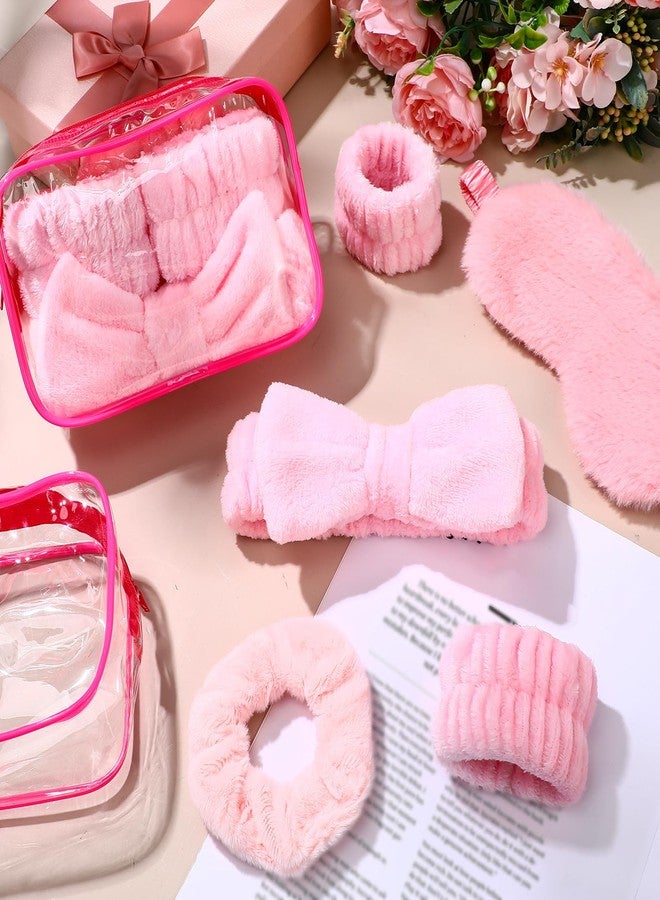 Hoteam 30 Pieces Sleepover Party Supplies 6 Pink Spa Headband 6 Pink Plush Sleep Eye Mask 6 Velvet Scrunchies 6 Wristband 6 Clear Cosmetic Bags for Slumber Spa Party Favor Gift Skincare Makeup - Image 3