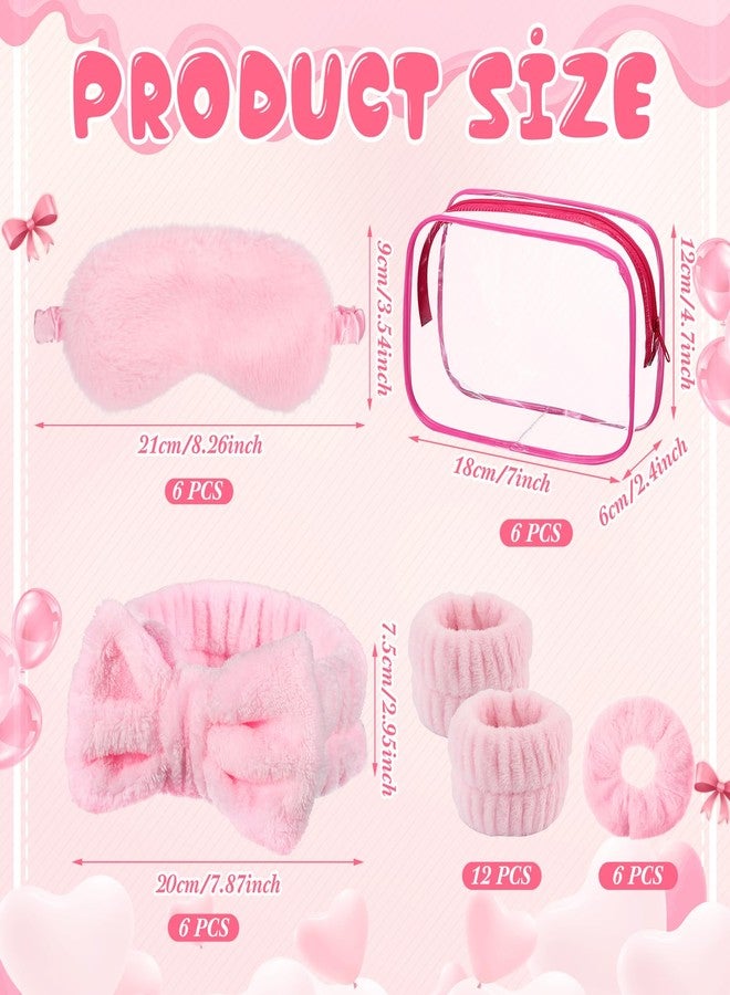 Hoteam 30 Pieces Sleepover Party Supplies 6 Pink Spa Headband 6 Pink Plush Sleep Eye Mask 6 Velvet Scrunchies 6 Wristband 6 Clear Cosmetic Bags for Slumber Spa Party Favor Gift Skincare Makeup - Image 2