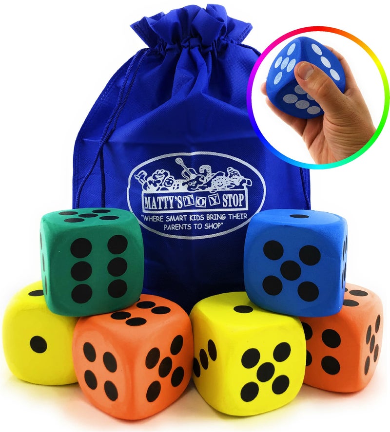 Matty's Toy Stop Deluxe Giant 3.15" EVA Foam Dice (Pack of 6) with Bonus Matty's Toy Stop Storage Bag - Image 3