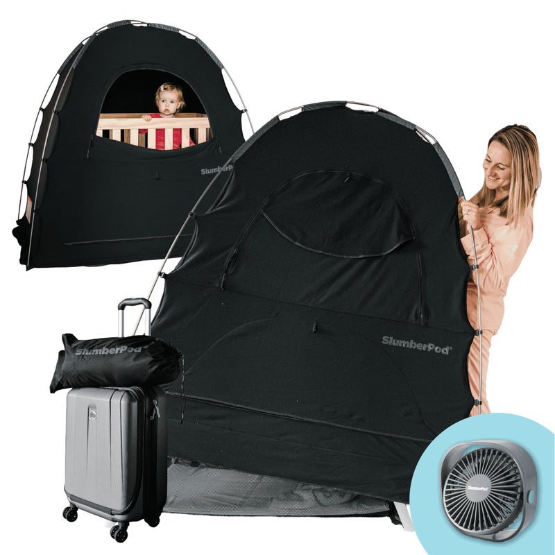 SlumberPod with Fan The Original Blackout Sleep Tent Travel Essential for Baby and Toddlers, Mini Crib and Pack n Play Cover, Sleep Pod with Monitor Pouch and Fan Pouch, Blocks 95%+ Light, Black - Image 1