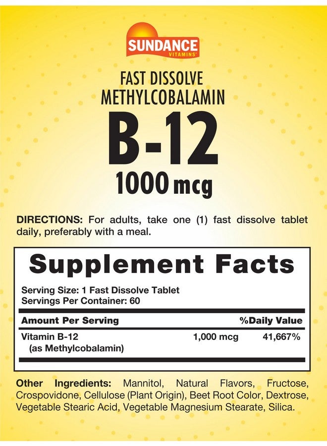 Sundance سندانس فيتامين ب12 1000 ميكروغرام | أقراص تذوب بسرعة | كمثيلكوبالامين | مكمل نباتي، خالي من الكائنات المعدلة وراثيًا وخالي من الغلوتين - Image 2