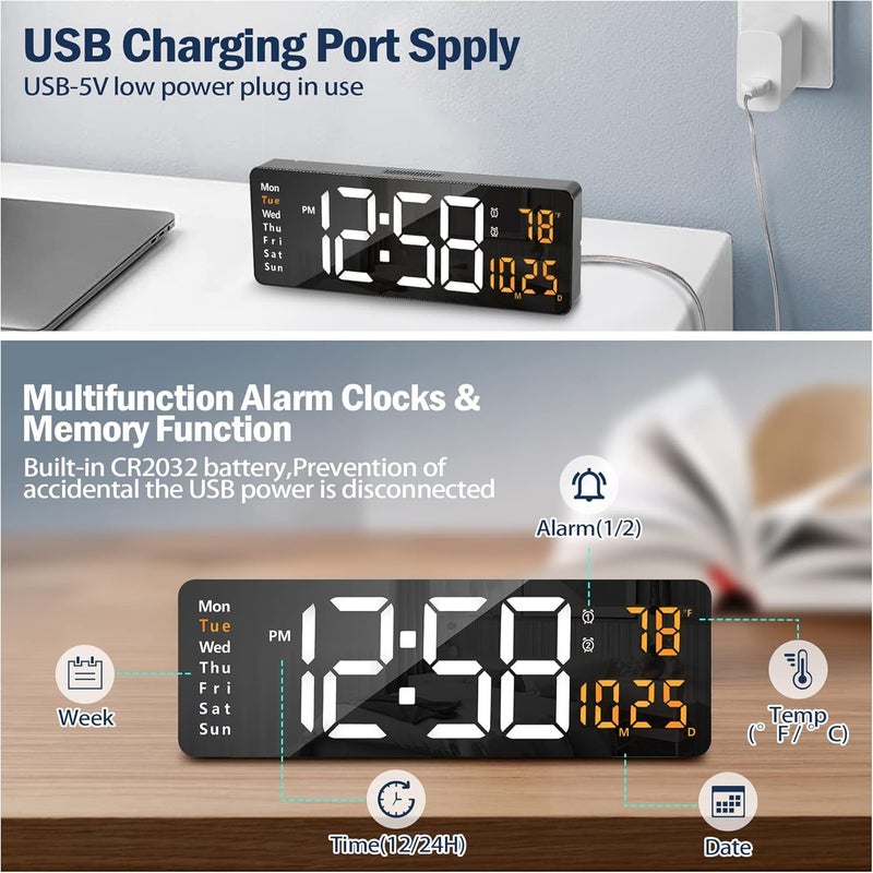 BluBasket 1 Pc Silent Digital Wall Clock Large Display 162 Inch with Date Week Temperature LED Clock with Remote Control for Living Room Decor Office Kitchen Automatic White DigitOrange - Image 4