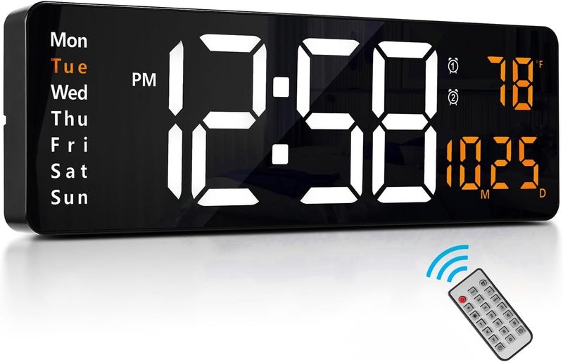BluBasket 1 Pc Silent Digital Wall Clock Large Display 162 Inch with Date Week Temperature LED Clock with Remote Control for Living Room Decor Office Kitchen Automatic White DigitOrange - Image 1