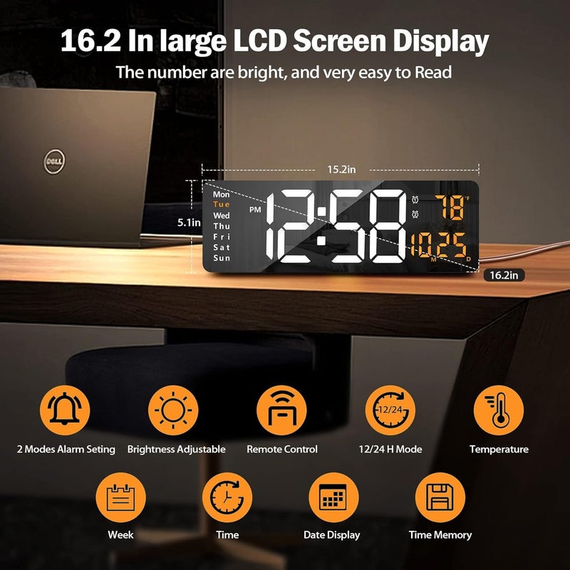 BluBasket 1 Pc Silent Digital Wall Clock Large Display 162 Inch with Date Week Temperature LED Clock with Remote Control for Living Room Decor Office Kitchen Automatic White DigitOrange - Image 3