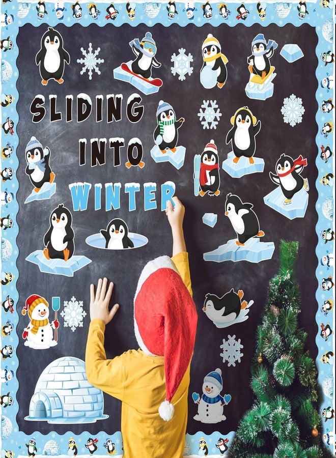BkeeCten Winter Christmas Bulletin Board - 117 Pcs Sliding Into Winter Bulletin Board Set Glue Points Winter Cute Penguin Snowman Snowflake Paper Cut-Outs School Classroom Xmas New Year Bulletin Board - Image 5
