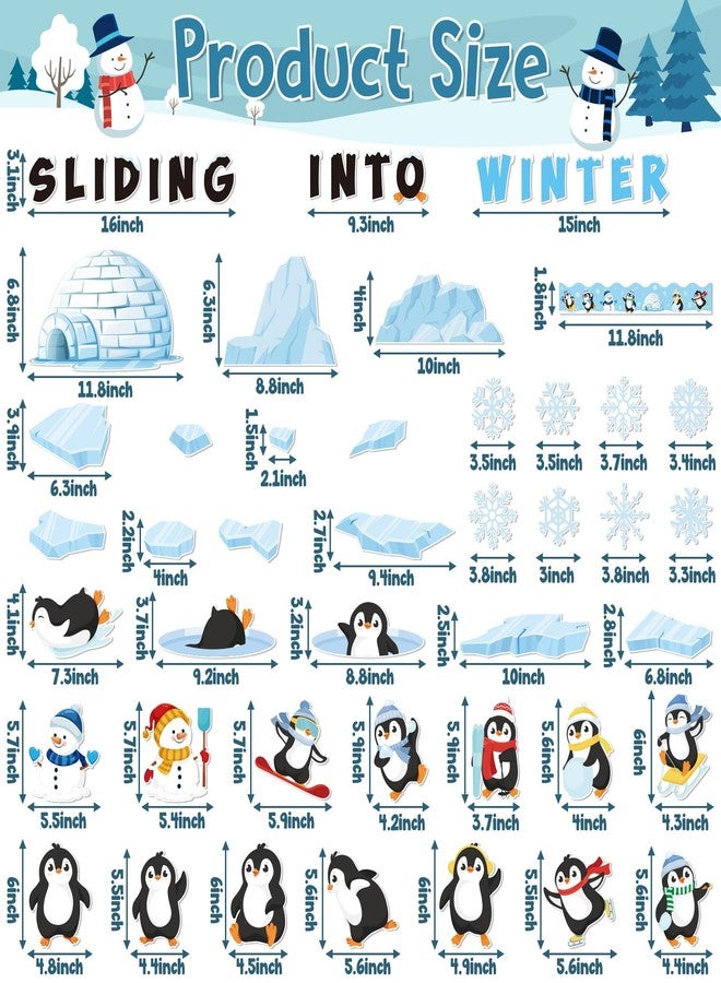 BkeeCten Winter Christmas Bulletin Board - 117 Pcs Sliding Into Winter Bulletin Board Set Glue Points Winter Cute Penguin Snowman Snowflake Paper Cut-Outs School Classroom Xmas New Year Bulletin Board - Image 2