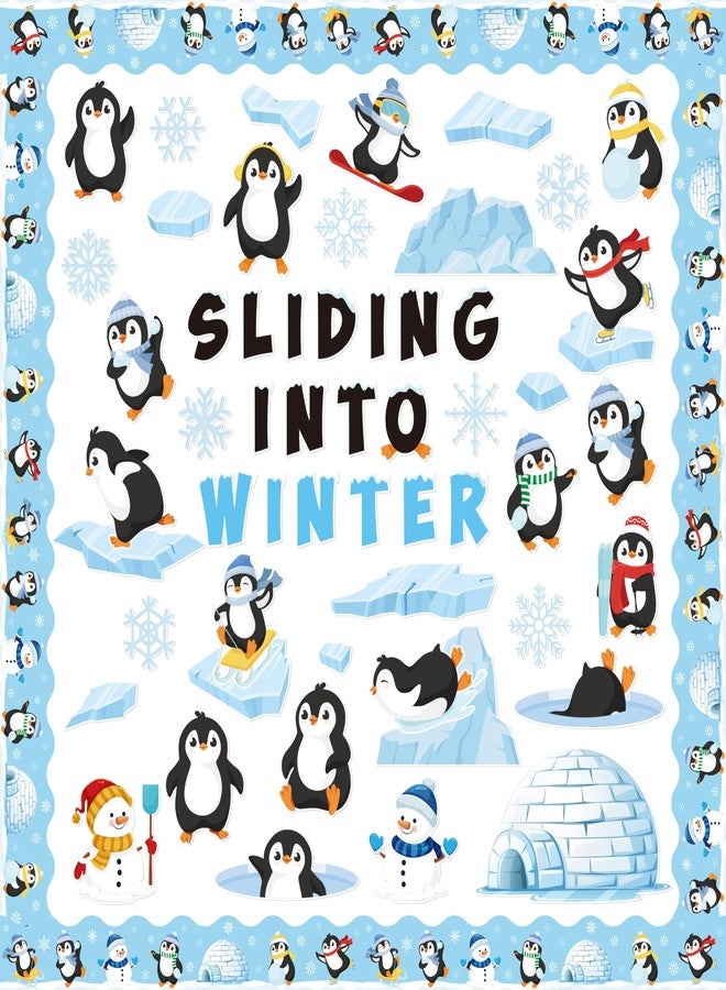 BkeeCten Winter Christmas Bulletin Board - 117 Pcs Sliding Into Winter Bulletin Board Set Glue Points Winter Cute Penguin Snowman Snowflake Paper Cut-Outs School Classroom Xmas New Year Bulletin Board - Image 1