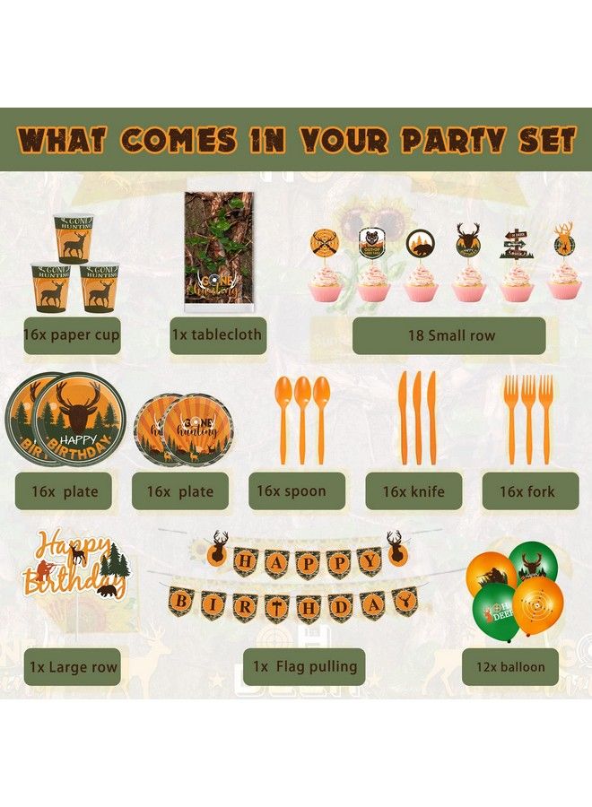 Suclain 165 Pcs Hunting Birthday Party Decorations Hunting Birthday Banner Cake Decors Deer Balloons Camo Paper Plates Cups Serves 16 Guests Hunting Birthday Party Supplies Camo Tablecloth (Banner) - Image 4