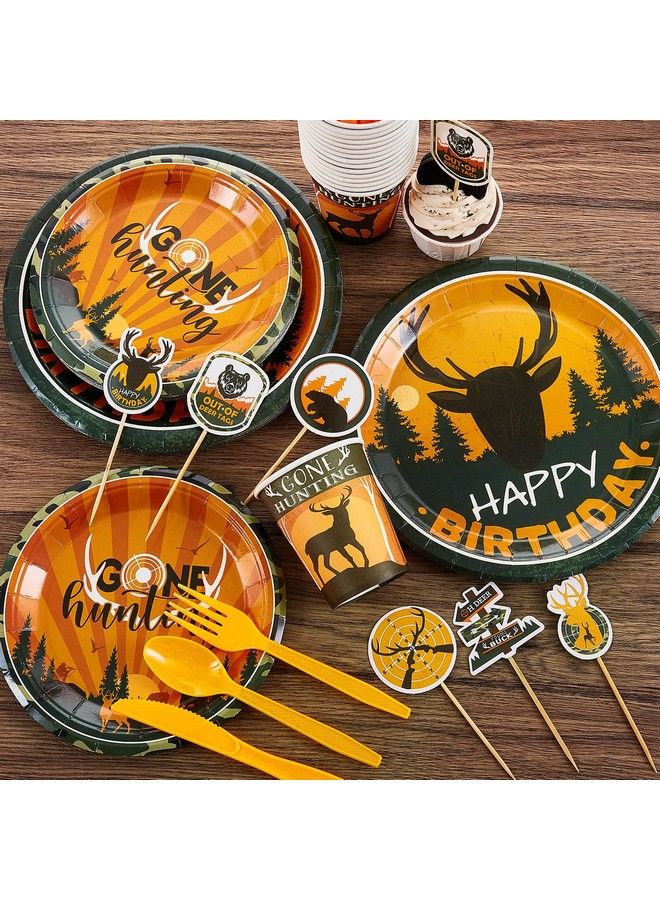 Suclain 165 Pcs Hunting Birthday Party Decorations Hunting Birthday Banner Cake Decors Deer Balloons Camo Paper Plates Cups Serves 16 Guests Hunting Birthday Party Supplies Camo Tablecloth (Banner) - Image 5