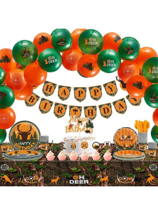 Suclain 165 Pcs Hunting Birthday Party Decorations Hunting Birthday Banner Cake Decors Deer Balloons Camo Paper Plates Cups Serves 16 Guests Hunting Birthday Party Supplies Camo Tablecloth (Banner) - Image 1