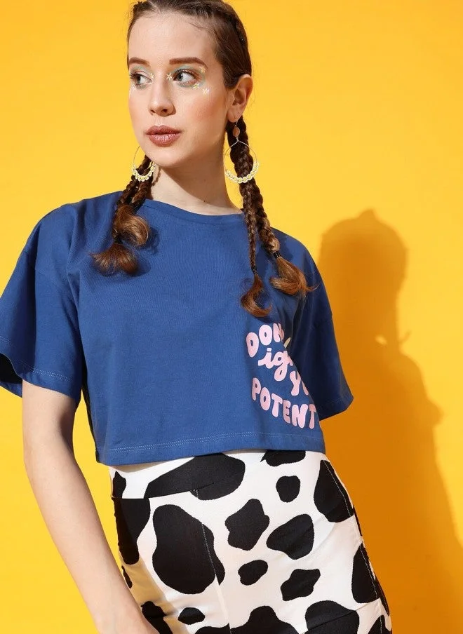 STREET 9 Blue Printed Crop T-Shirt for Women