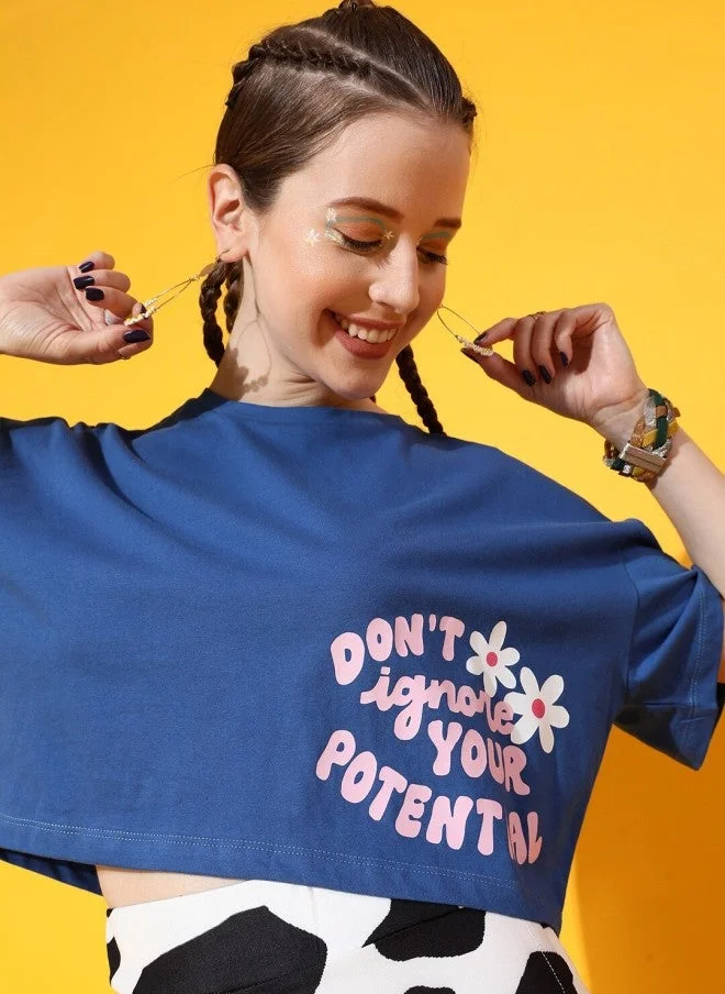 STREET 9 Blue Printed Crop T-Shirt for Women