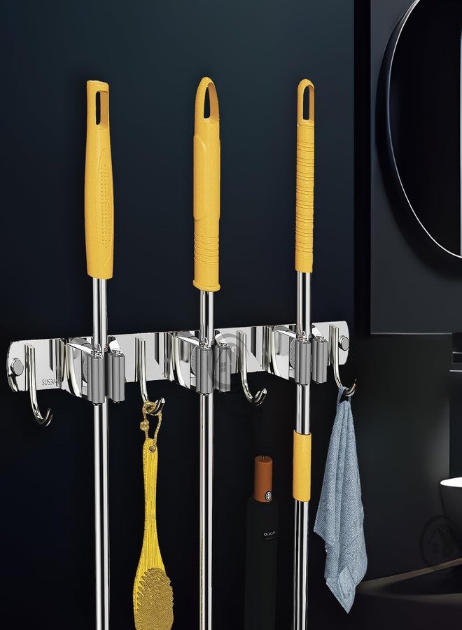 CANWAY® 2 Piece Stainless Steel 3 Racks with 4 Hooks Heavy Duty Wall Mounted Broom and Mop Stick Holder, Hanging Tools for Home Kitchen Garden Laundry Garage - Image 1