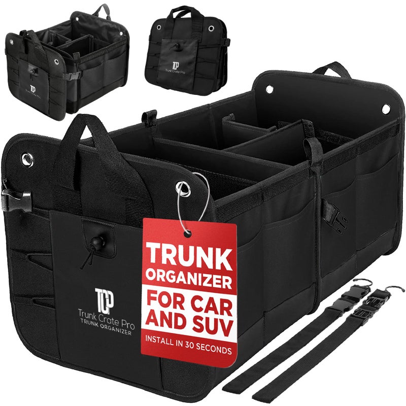 TRUNKCRATEPRO Trunk Organizer For Car Suv Truck Premium Adjustable Multi Compartments Collapsible Car Trunk Organizer With Securing Straps NonSlip Bottom Large Size Black