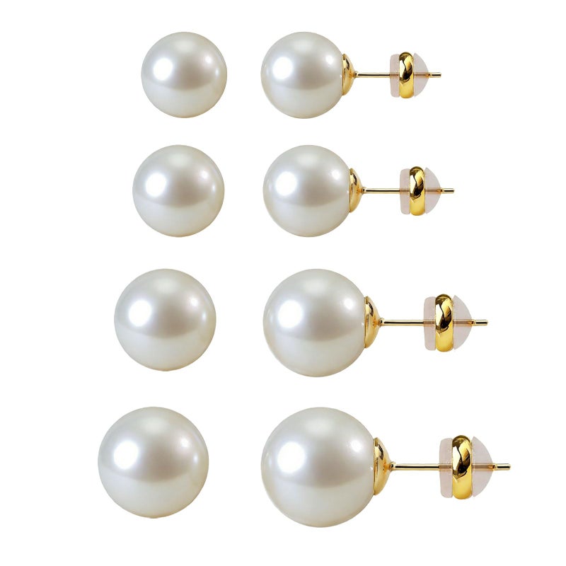 EFTKOY 4 Pairs Big Pearl Earrings, 14K Gold Plated Silver Posts Hypoallergenic Round Simulated Large Pearls, 8mm/10mm/12mm/14mm Stud Earring Set for Women - Image 1
