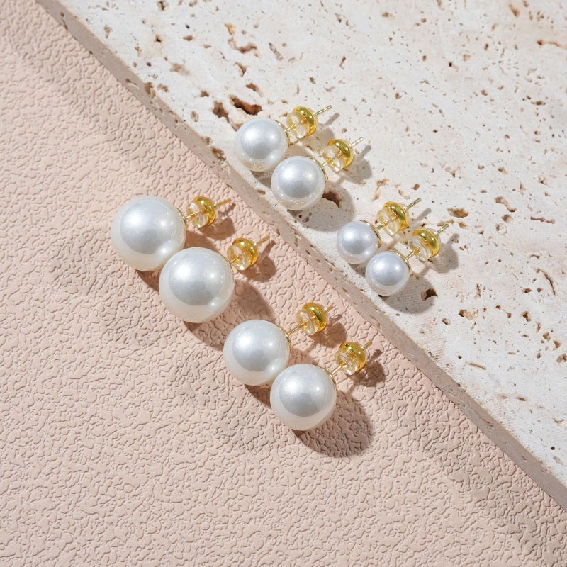 EFTKOY 4 Pairs Big Pearl Earrings, 14K Gold Plated Silver Posts Hypoallergenic Round Simulated Large Pearls, 8mm/10mm/12mm/14mm Stud Earring Set for Women - Image 3
