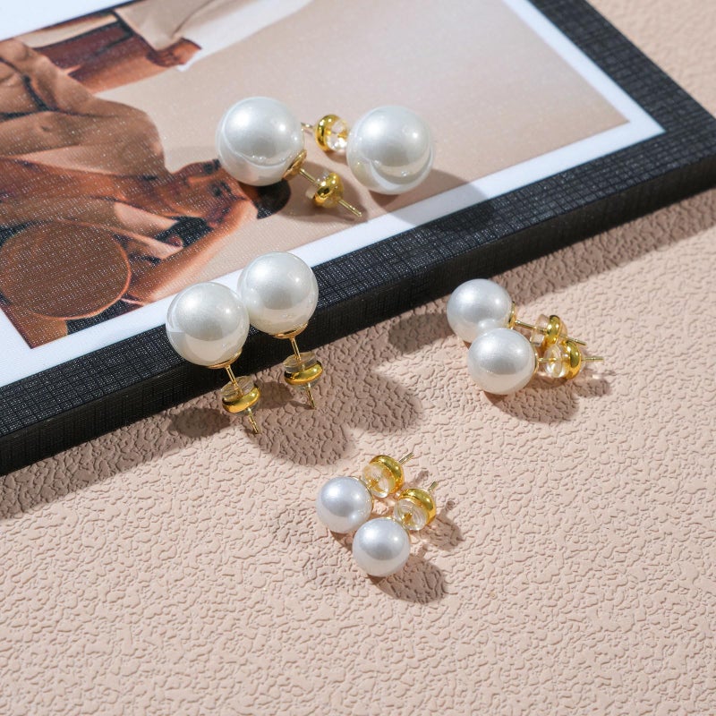 EFTKOY 4 Pairs Big Pearl Earrings, 14K Gold Plated Silver Posts Hypoallergenic Round Simulated Large Pearls, 8mm/10mm/12mm/14mm Stud Earring Set for Women - Image 5