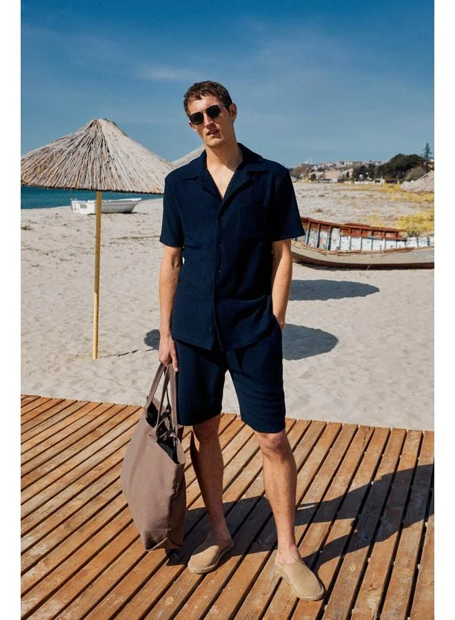 Grimelange ERMANO Men's Regular Fit Short Sleeve Navy Blue Shirt with Buttoned Collar.