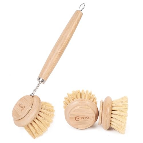ANTYA Bamboo Scrub Brush with Handle - Soft Bristles, Non Toxic Dish Brush, Compostable & Biodegradable, Bamboo Dish Scrubber for Cookware, Bowls and Plates, Non-Stick Pans - Image 1