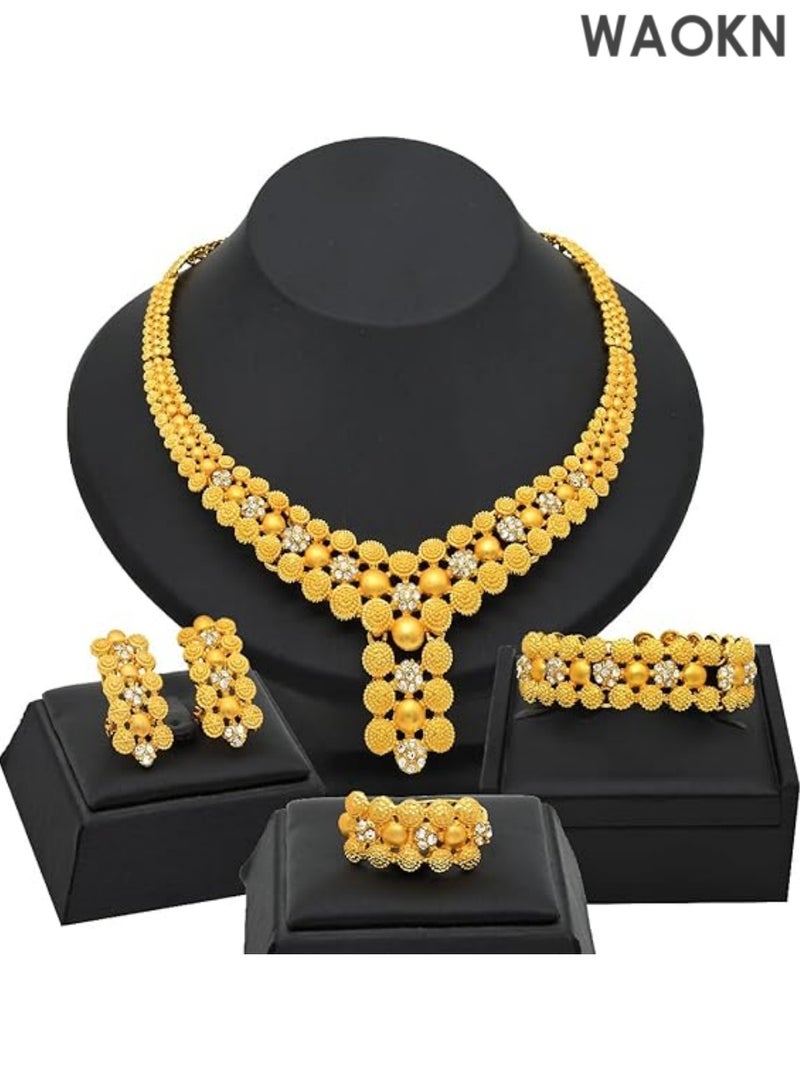 WAOKN Women Jewelry Sets Gold Necklace Earrings Bangle Ring Set Fashion Wedding Prom Jewelry Set Stunning Bridal Jewelry Set Delicate Gold Plated Necklace Earring Wrist Chain and Rings Set For Bridal And Party Wear - Image 2