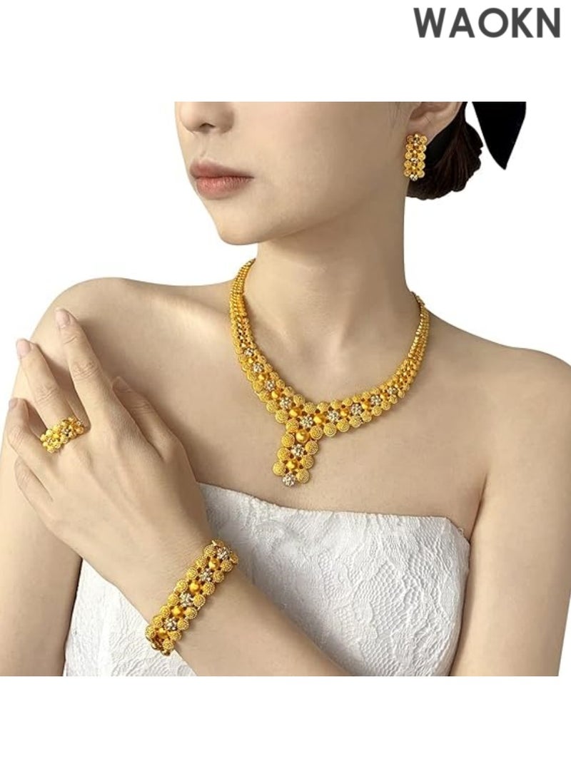 WAOKN Women Jewelry Sets Gold Necklace Earrings Bangle Ring Set Fashion Wedding Prom Jewelry Set Stunning Bridal Jewelry Set Delicate Gold Plated Necklace Earring Wrist Chain and Rings Set For Bridal And Party Wear - Image 3