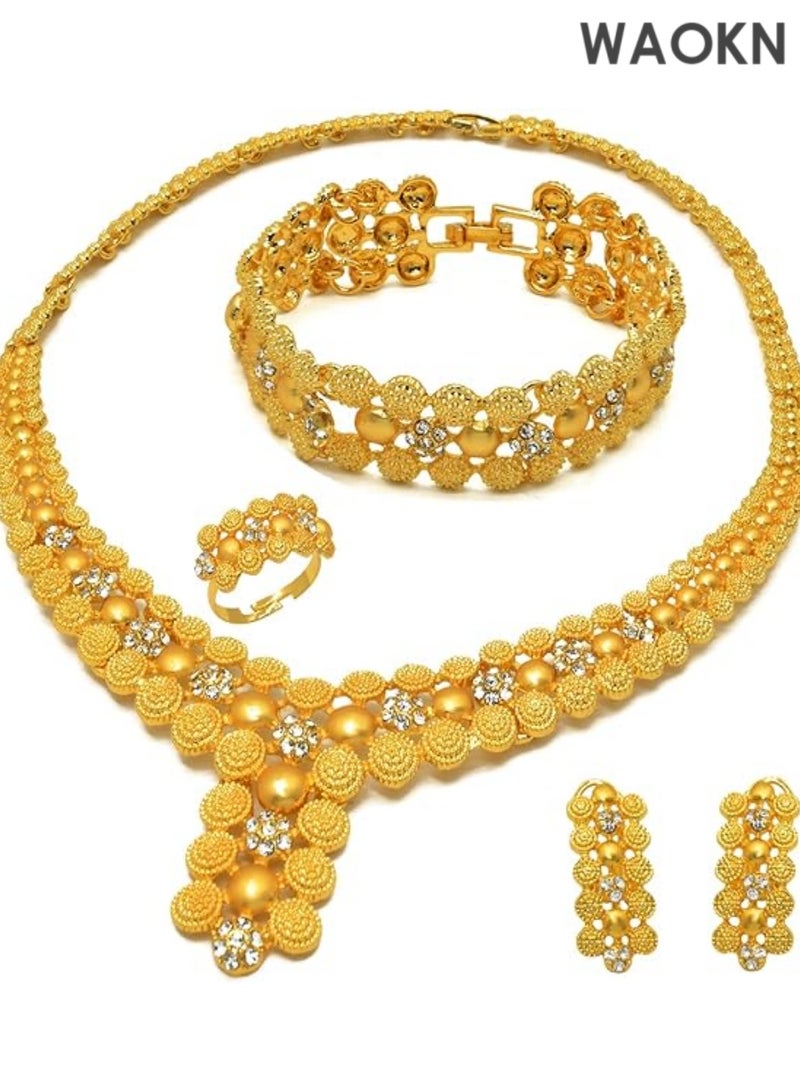 WAOKN Women Jewelry Sets Gold Necklace Earrings Bangle Ring Set Fashion Wedding Prom Jewelry Set Stunning Bridal Jewelry Set Delicate Gold Plated Necklace Earring Wrist Chain and Rings Set For Bridal And Party Wear - Image 1