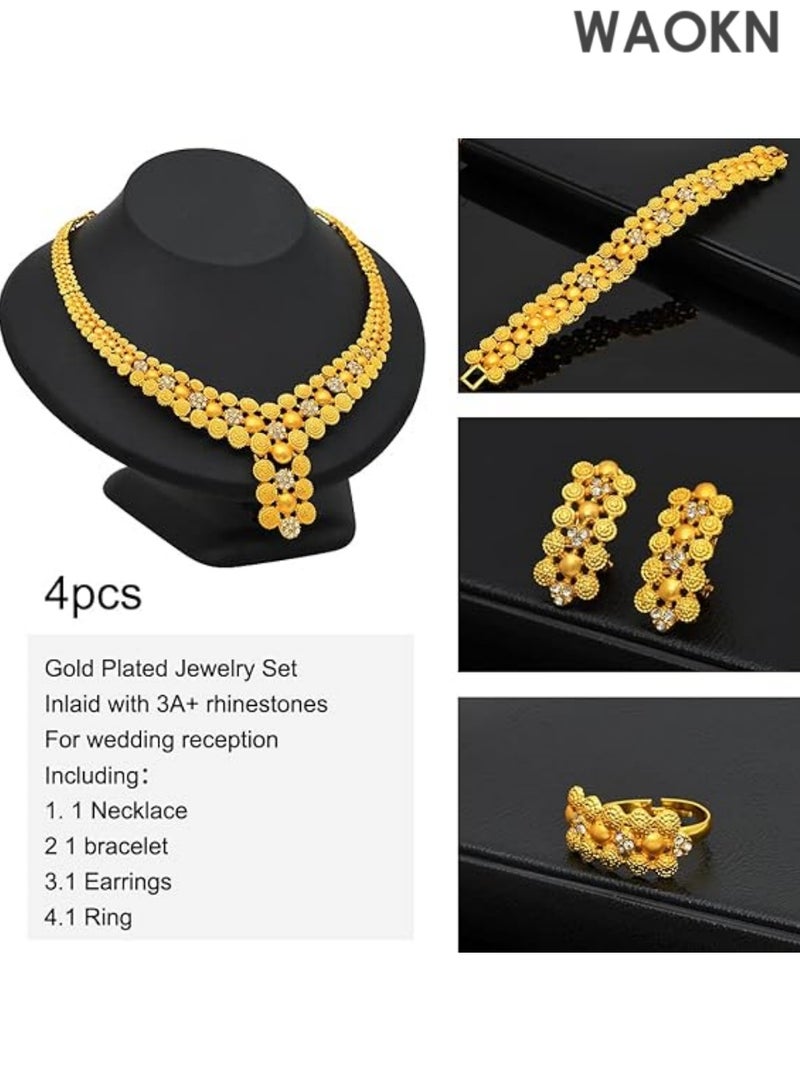 WAOKN Women Jewelry Sets Gold Necklace Earrings Bangle Ring Set Fashion Wedding Prom Jewelry Set Stunning Bridal Jewelry Set Delicate Gold Plated Necklace Earring Wrist Chain and Rings Set For Bridal And Party Wear - Image 4