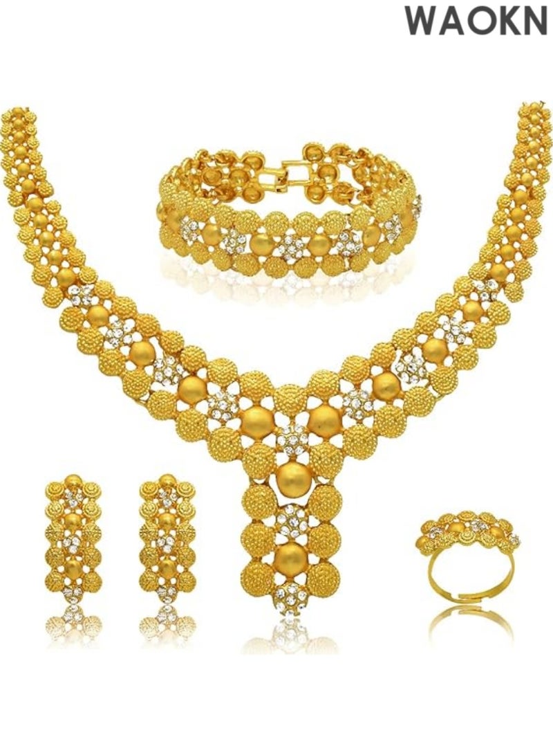 WAOKN Women Jewelry Sets Gold Necklace Earrings Bangle Ring Set Fashion Wedding Prom Jewelry Set Stunning Bridal Jewelry Set Delicate Gold Plated Necklace Earring Wrist Chain and Rings Set For Bridal And Party Wear - Image 5