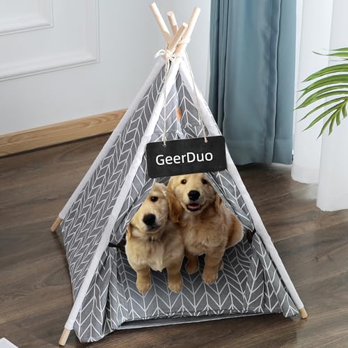 GeerDuo Pet Teepee for Small Dogs Cats Rabbits, 24in Non-Collapse Portable Pet Tent with Washable Cushion, Cozy Private Pet House for Indoor Outdoor Travel Camping (Grey) - Image 1