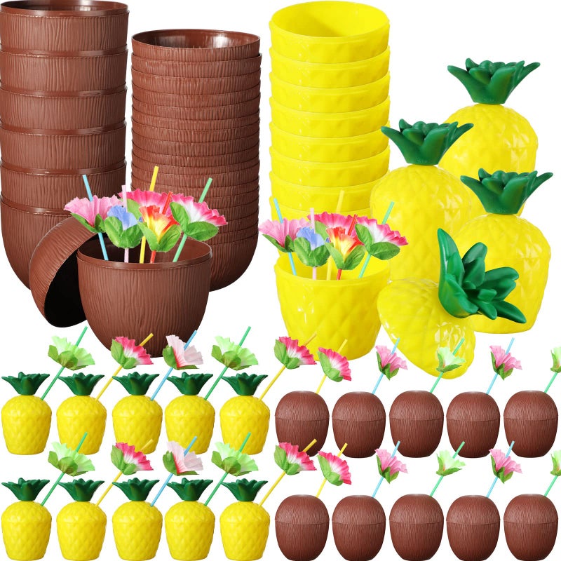 Amyhill 60 Pcs Tropical Pineapple Coconut Cups Plastic Hawaii Drink Cups with 60 Lids and Flower Straws Hawaiian Luau Bachelorette Party Supplies Beach Party Decorations for Kids Adults Favors