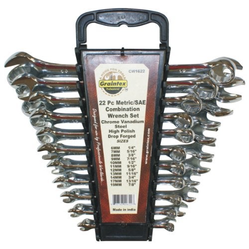 Graintex CW1622 metric/SAE Combination Wrench Set CRV Steel, 22 Pc - Image 1