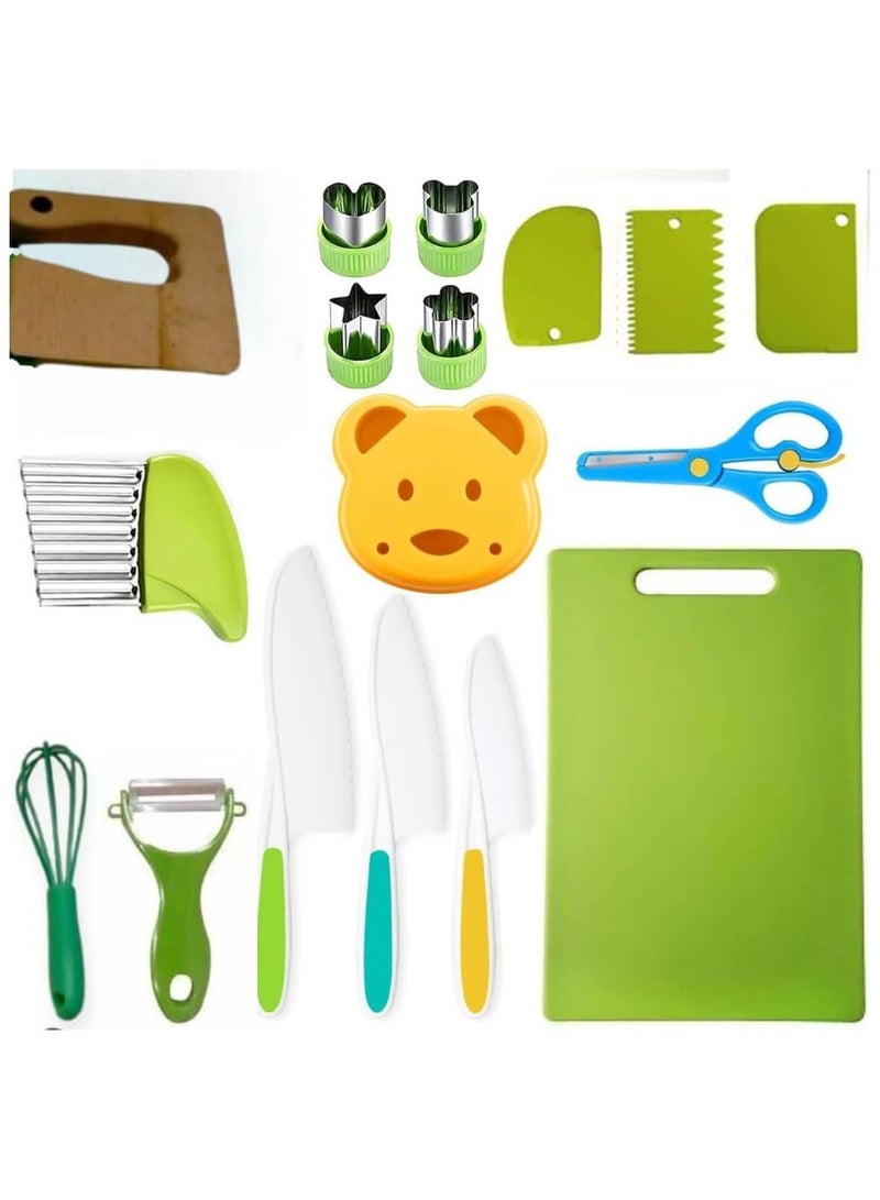 Zimtal Montessori Toy Set for Kids Knives includes a wood kids safe knife, a plastic toddler knife with sharp edges, a sandwich cutter, a Y-splitter, a curling cutter, and a cutting board. (17-pcs) - Image 1