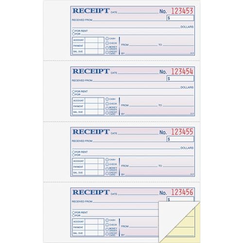 Adams Money and Rent Receipt Book 2Part Carbonless WhiteCanary 758 x 1078 Bound Wraparound Cover 200 Sets per Book 4 Receipts per Page DC1182