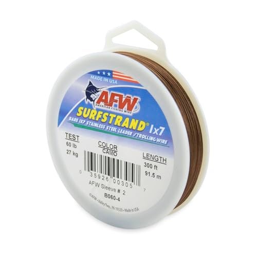 AFW American Fishing Wire Surfstrand, Bare 1x7 Stainless Steel Leader Wire, 60 lb Test, 0.018" Diameter, Camo, 300 ft - Image 1
