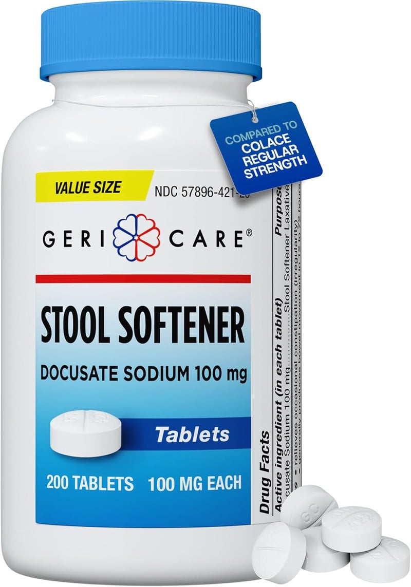 GeriCare GeriCare Docusate Sodium Stool Softeners, Best Stool Softener for Daily use for Women, Men, and Elderly - Ideal for Constipation Relief 100mg Crushable Tablets. (200 Count) Made in The USA.