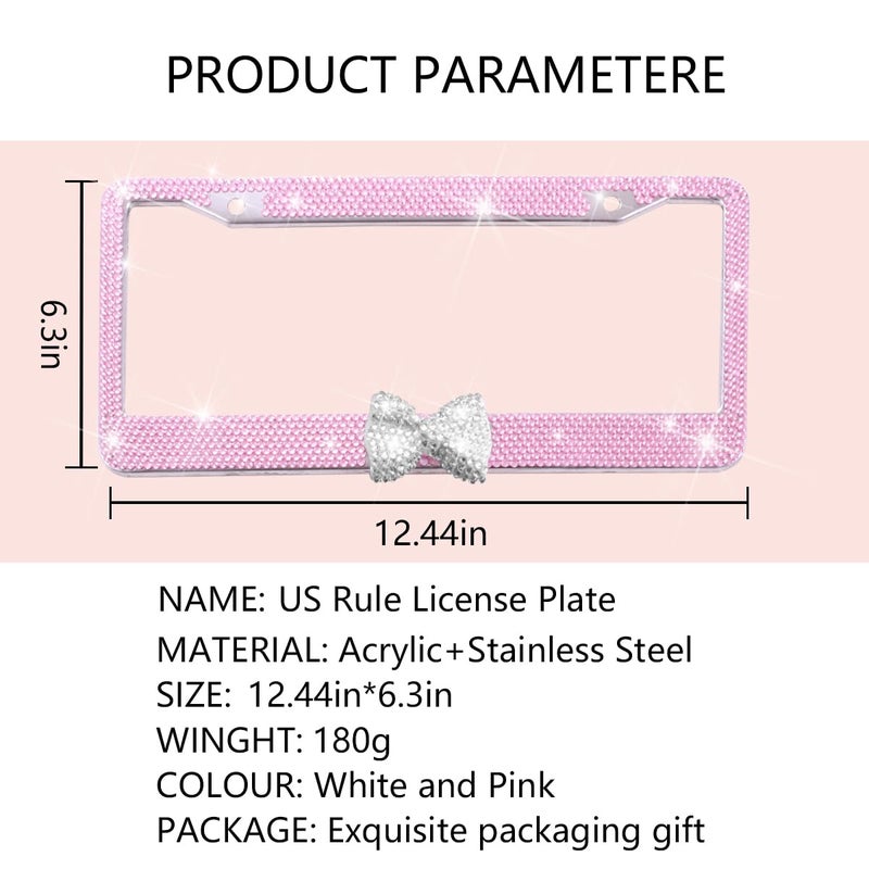 Sandfren Bling Car License Plate Frame for Women, 2PCS Crystal Rhinestone Stainless Steel Vehicle Plate Holder, Glitter Diamond Sparkly Auto Plate Cover Accessories, Universal Fit (Pink/White Bow) - Image 2