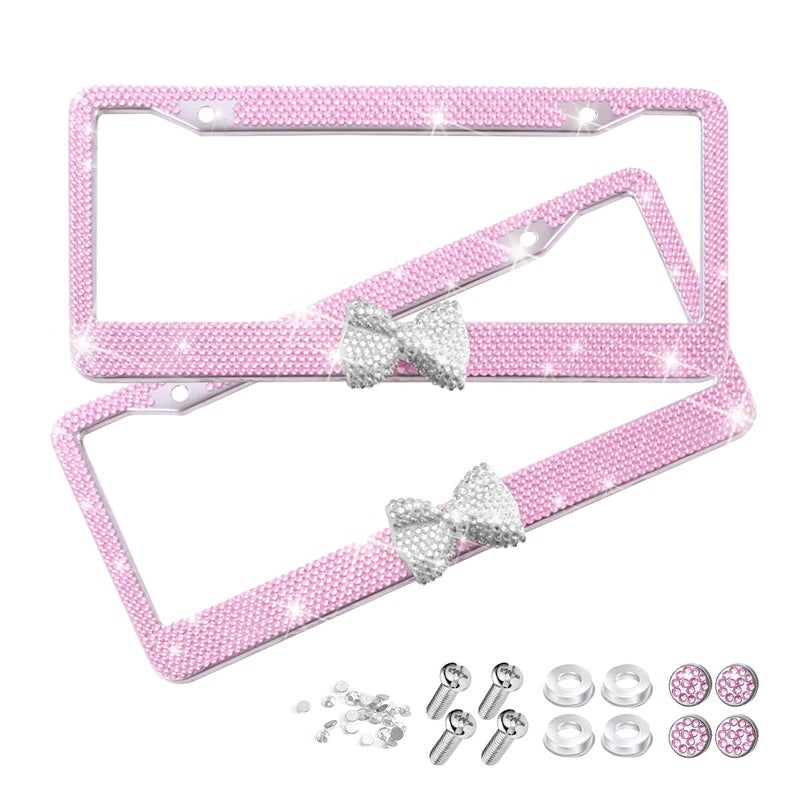 Sandfren Bling Car License Plate Frame for Women, 2PCS Crystal Rhinestone Stainless Steel Vehicle Plate Holder, Glitter Diamond Sparkly Auto Plate Cover Accessories, Universal Fit (Pink/White Bow) - Image 1