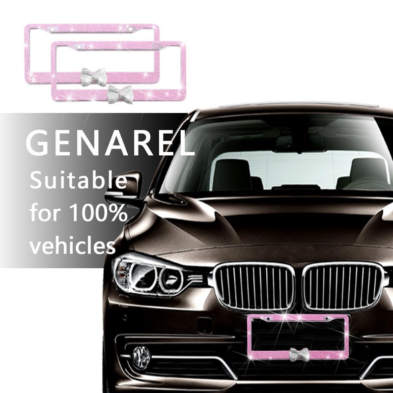 Sandfren Bling Car License Plate Frame for Women, 2PCS Crystal Rhinestone Stainless Steel Vehicle Plate Holder, Glitter Diamond Sparkly Auto Plate Cover Accessories, Universal Fit (Pink/White Bow) - Image 4