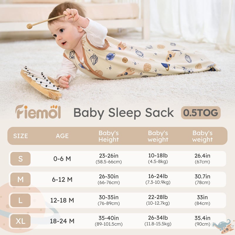 FIEMOL Baby Sleep Sack 6-12 months, 100% Cotton Sleeping Sack for Newborn and Infant, 3 Pack Baby Wearable Blanket for Boy and Girl, 0.5 Tog Lightweight Double Zipper Sleep Bag Coffee Dinosaur Planet - Image 4