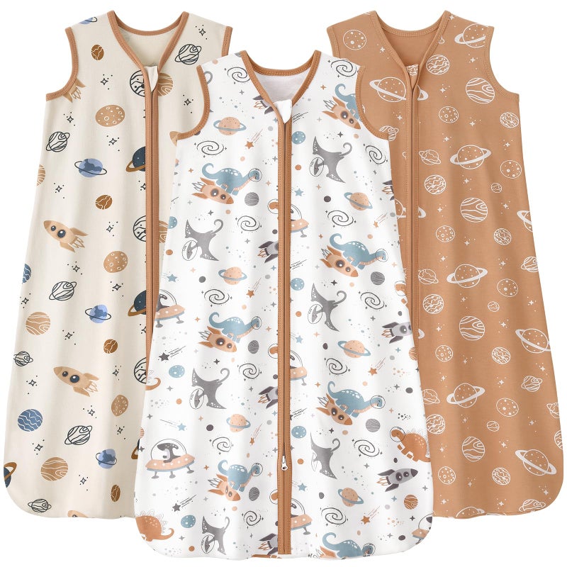 FIEMOL Baby Sleep Sack 6-12 months, 100% Cotton Sleeping Sack for Newborn and Infant, 3 Pack Baby Wearable Blanket for Boy and Girl, 0.5 Tog Lightweight Double Zipper Sleep Bag Coffee Dinosaur Planet - Image 1