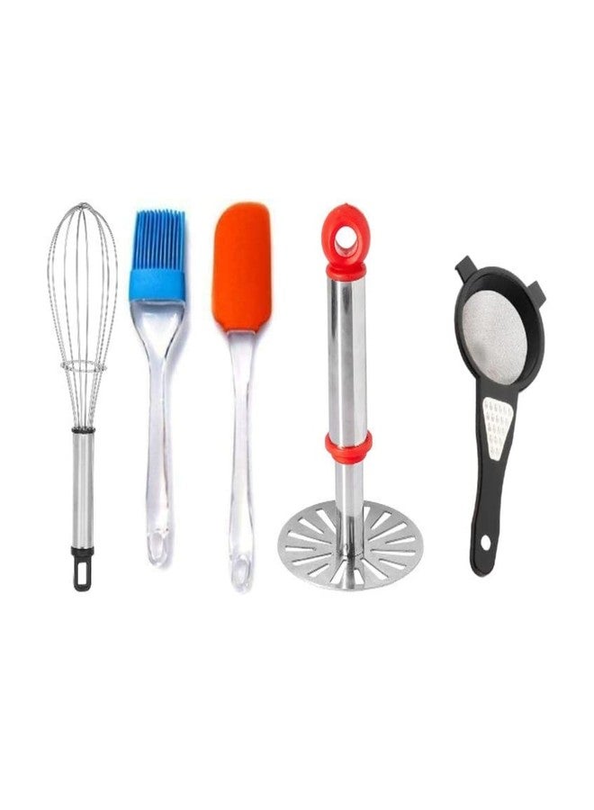 OMORTEX Kitchen Essential Combo Set with Whisk Stainless Steel Masher Spatula Brush and 2 in 1 Strainer Grater Pack of 5 Multipurpose Cooking Preparation Tools for Daily Kitchen Use - Image 1